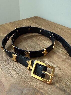 Vintage PALOMA PICASSO Black Leather Belt Gold X Cross Studs Italy M/75